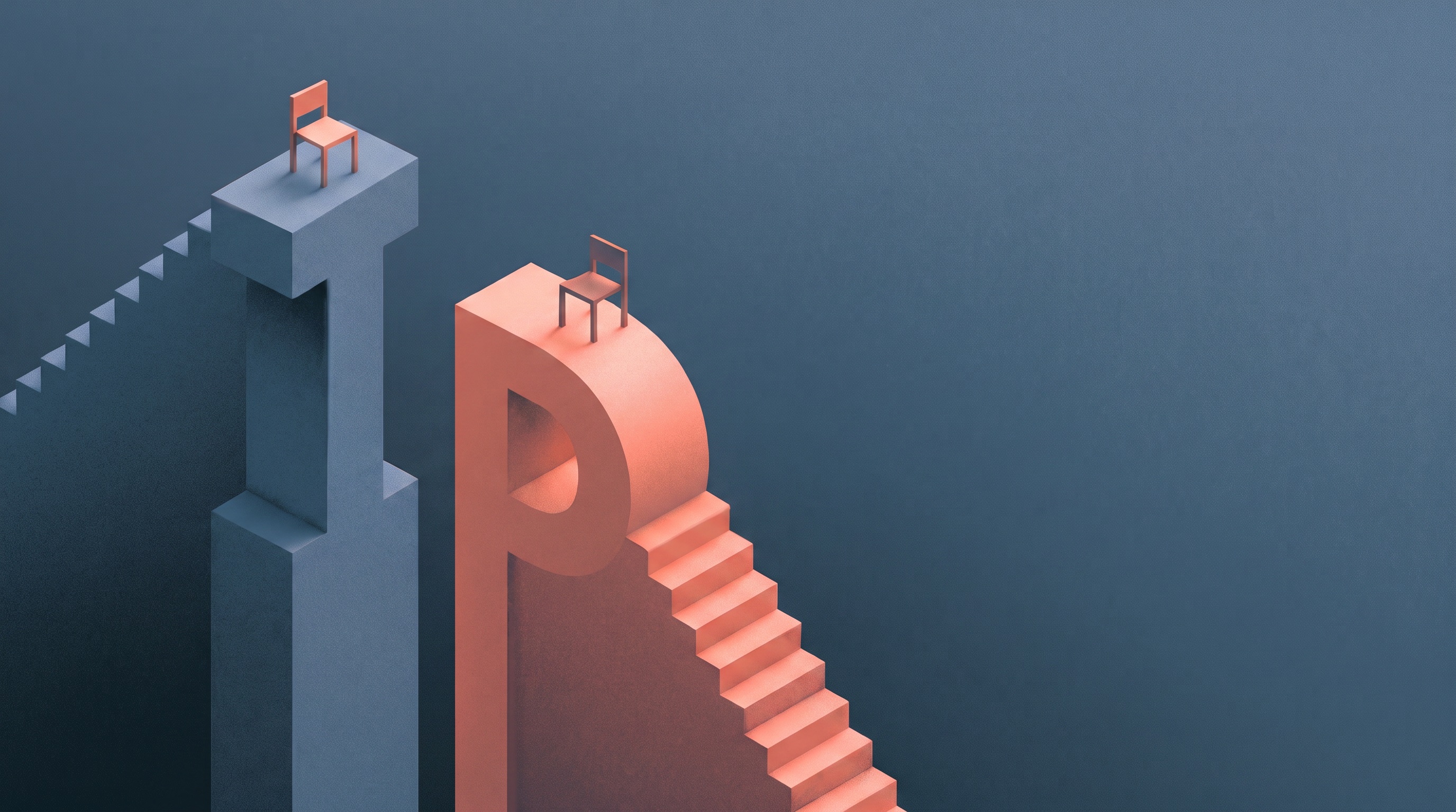 'IP' 글자를 3D 건축 구조물로 형상화한 일러스트 — 파란 'I'와 주황 'P' 기둥 꼭대기에 각각 의자가 놓이고 계단이 이어진다